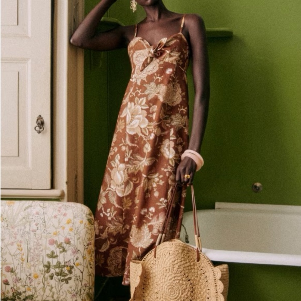 Sezane Brown Floral Midi Dress with Cream & Gold Accents